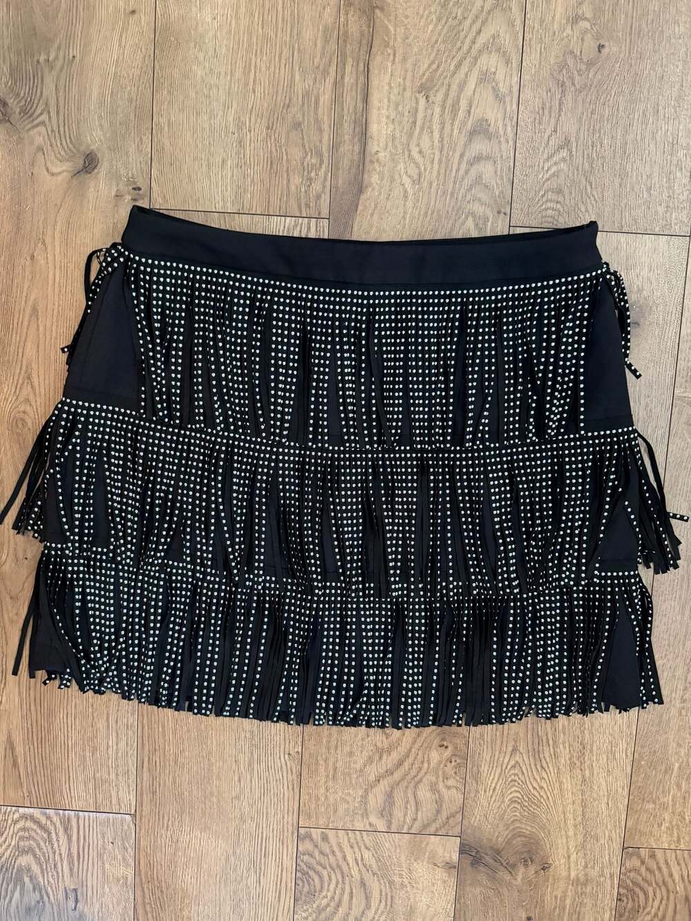 Free The Roses Black Studded Fringe Tiered Mini Skirt Size L
